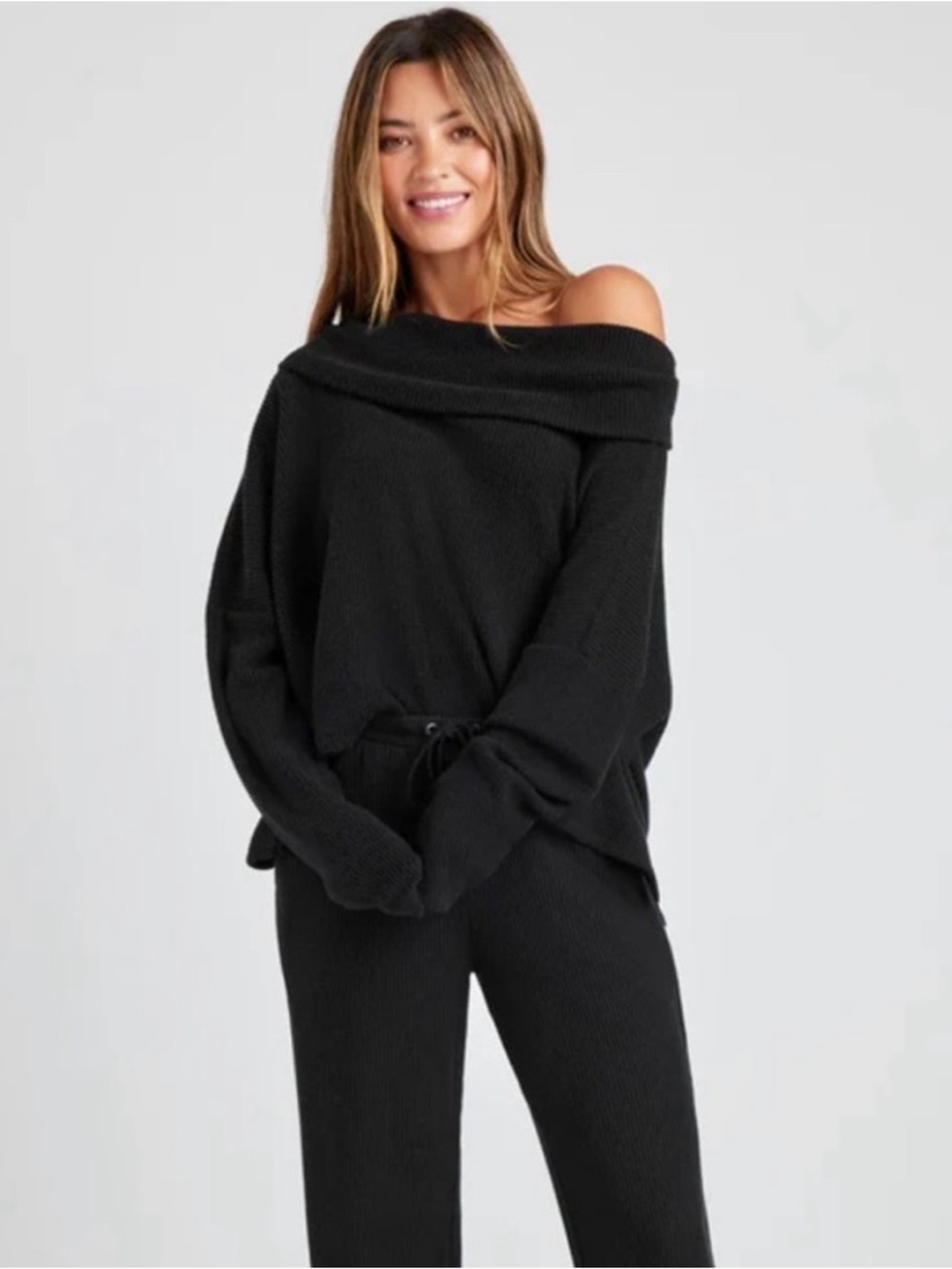 Splendid London Lounge Top Off-Shoulder Black Women's Sweater - Cozy Rib Knit
